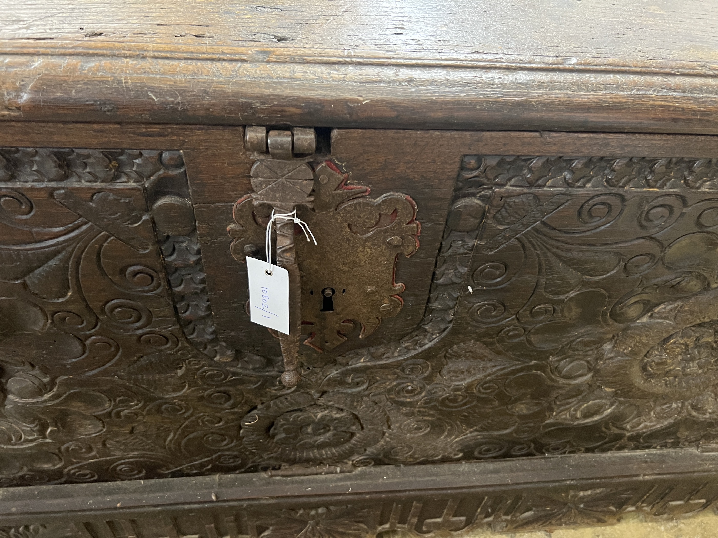 A large 17th century and later continental oak coffer (adapted), width 156cm, depth 58cm, height 72cm